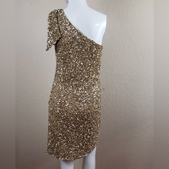 Aidan Mattox Gold Sequin Pearl Mini 1-Shoulder Holiday Party Dress  Sz 4 w/ Flaw - Picture 3 of 15